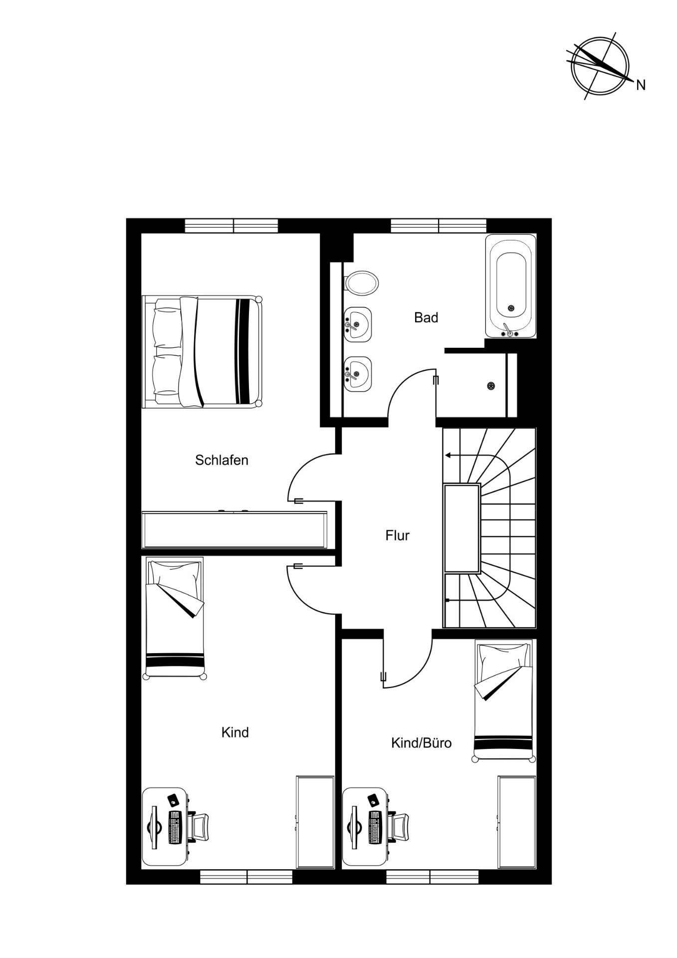 Grundriss mit Schlafzimmer, zwei Kinderzimmern, Bad und Flur.