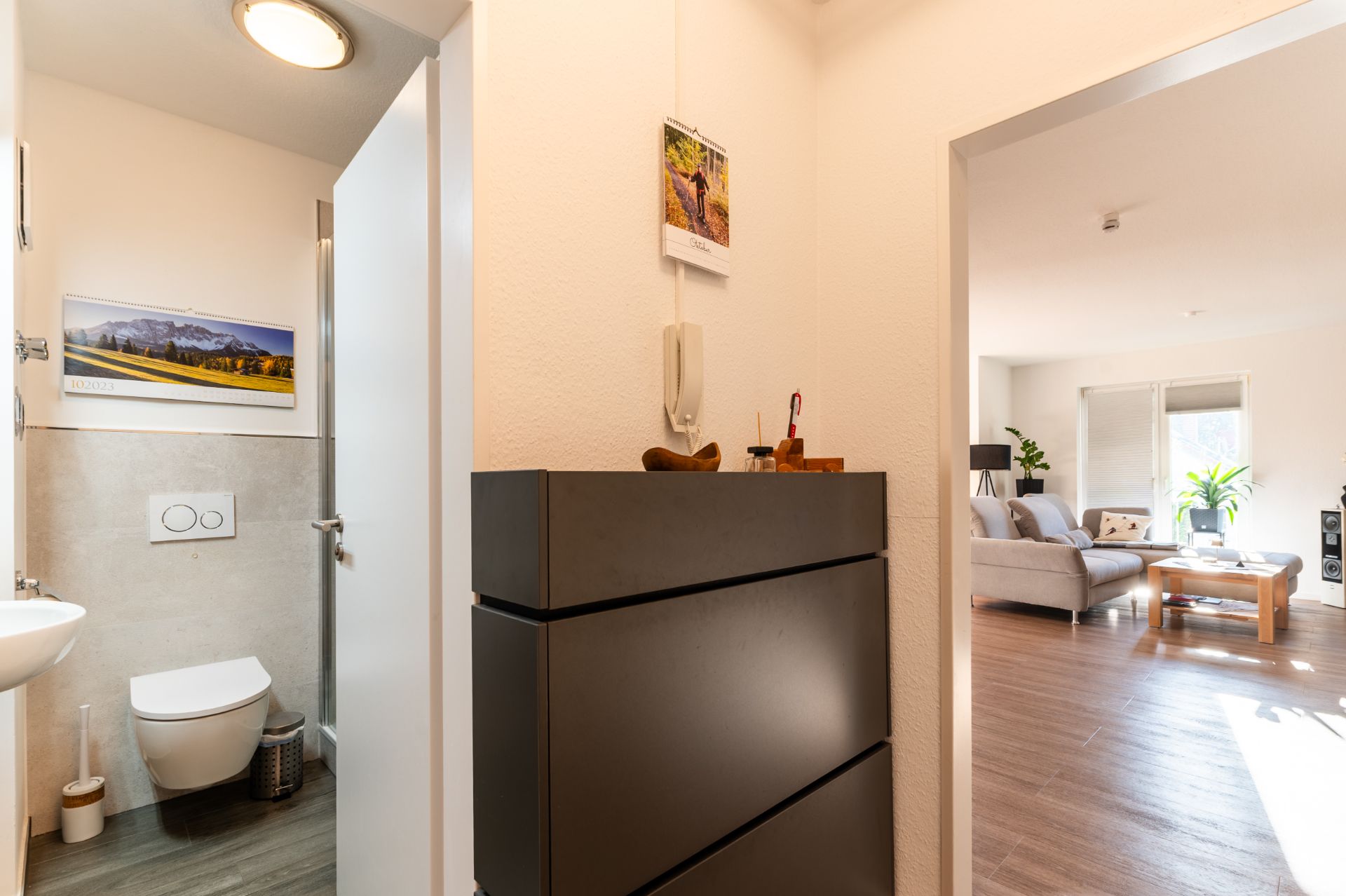 Blick vom Flur auf ein Badezimmer mit WC und ein helles Wohnzimmer mit Sofa und Tisch.