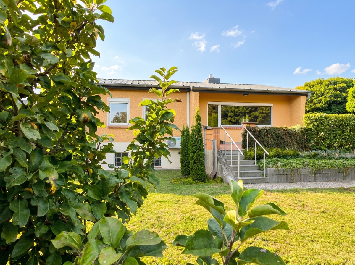 Gelbes Einfamilienhaus mit Treppe zur Terrasse und grünem Garten im Vordergrund.