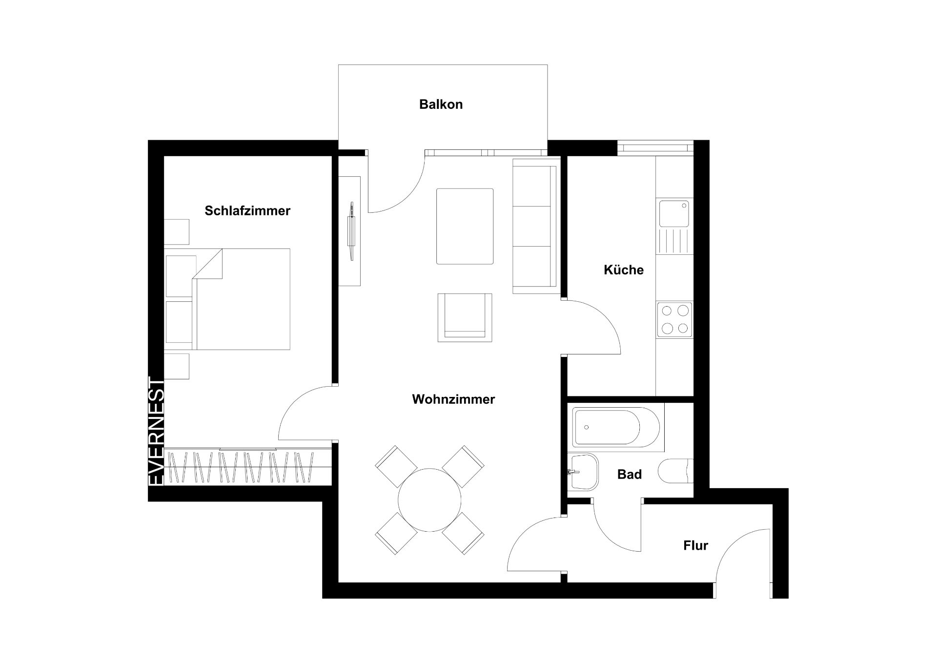 Grundriss einer Wohnung mit Schlafzimmer, Wohnzimmer, Küche, Bad, Flur und Balkon.