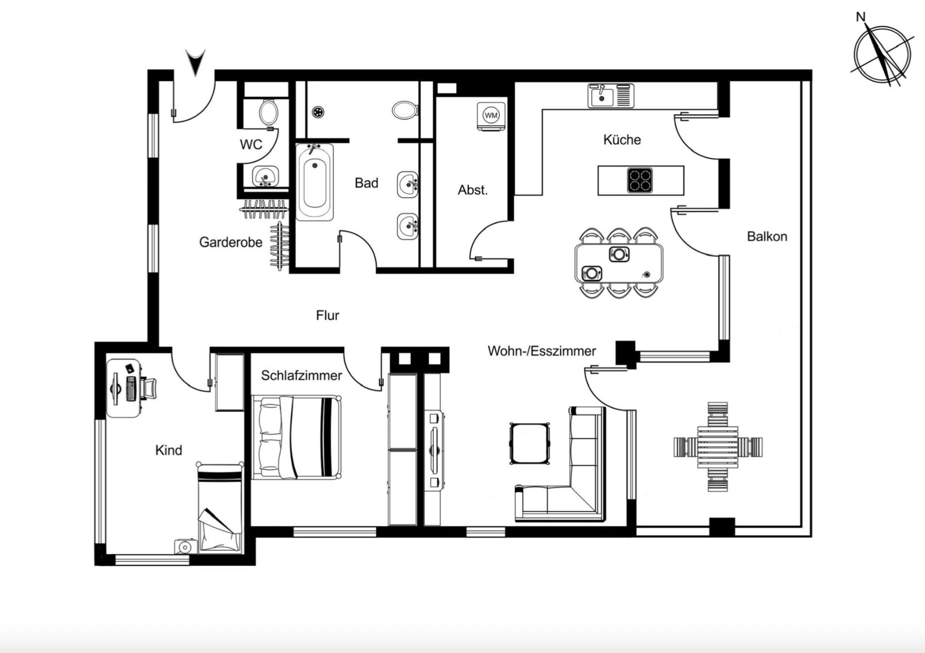 Grundriss einer Wohnung mit Schlafzimmer, Kinderzimmer, Bad, WC, Küche, Balkon und Wohn-/Esszimmer.
