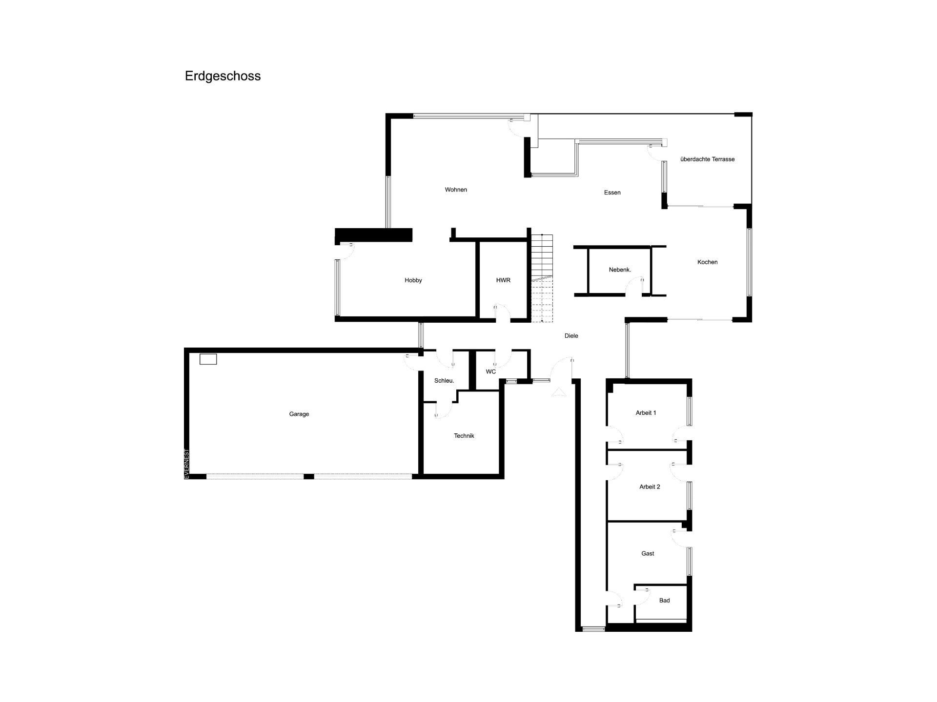 Grundriss des Erdgeschosses mit Garage, Wohn- und Essbereich, Küche, Hobbyraum und mehreren Zimmern.