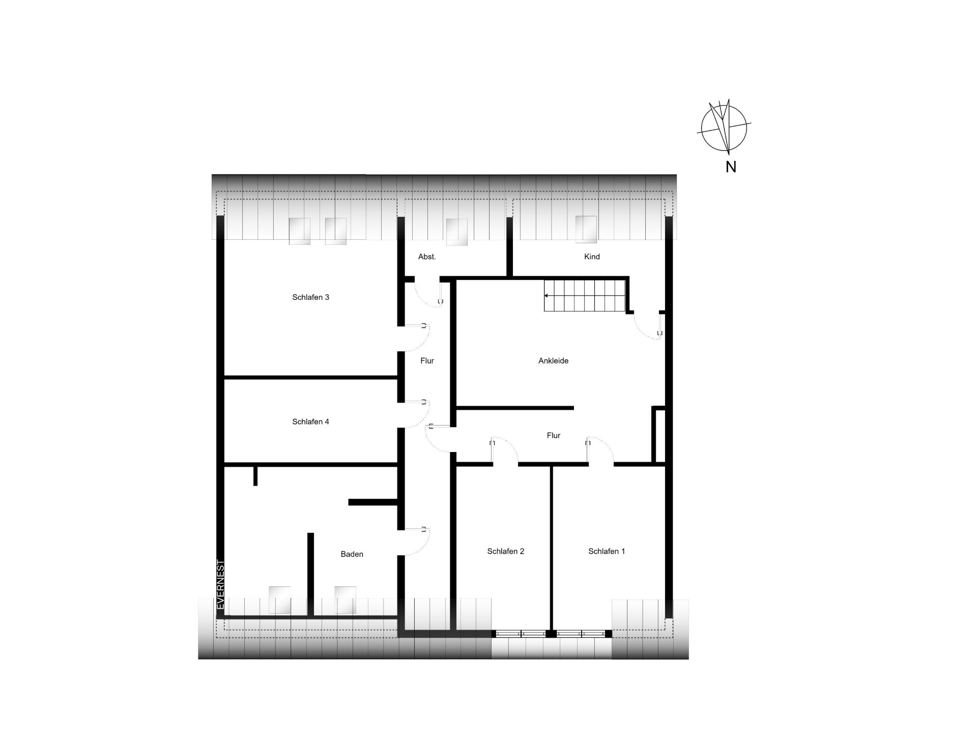 Grundriss mit vier Schlafzimmern, einem Bad, Ankleide, Abstellraum und Fluren.