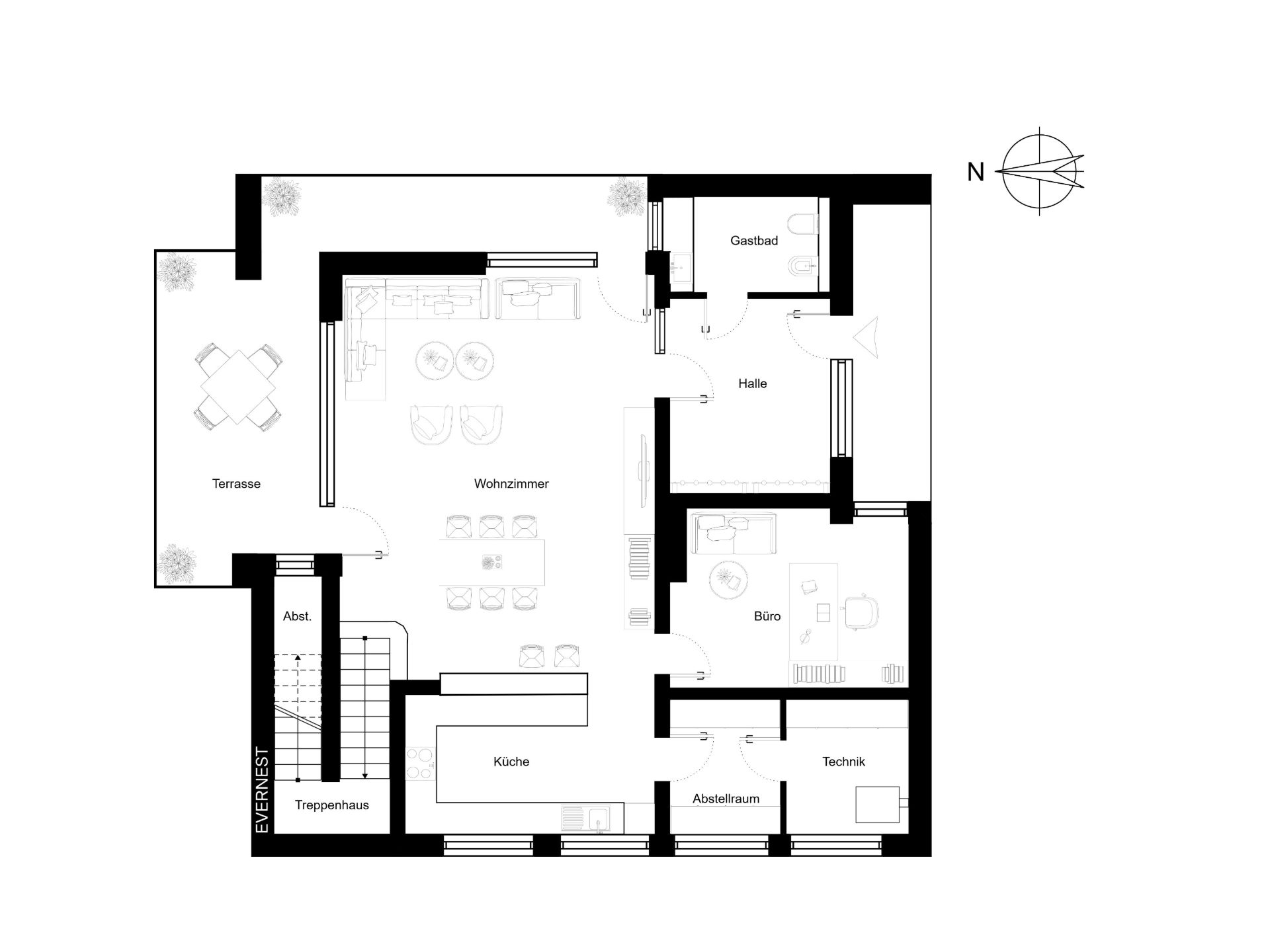 Grundriss einer Wohnung mit Terrasse, Wohnzimmer, Küche, Bad, Büro und Abstellräumen.