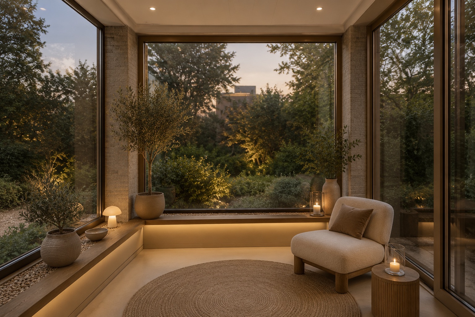 Gemütlicher Raum mit großem Fenster, Sessel, Pflanzen, Teppich und Blick auf Garten bei Dämmerung.