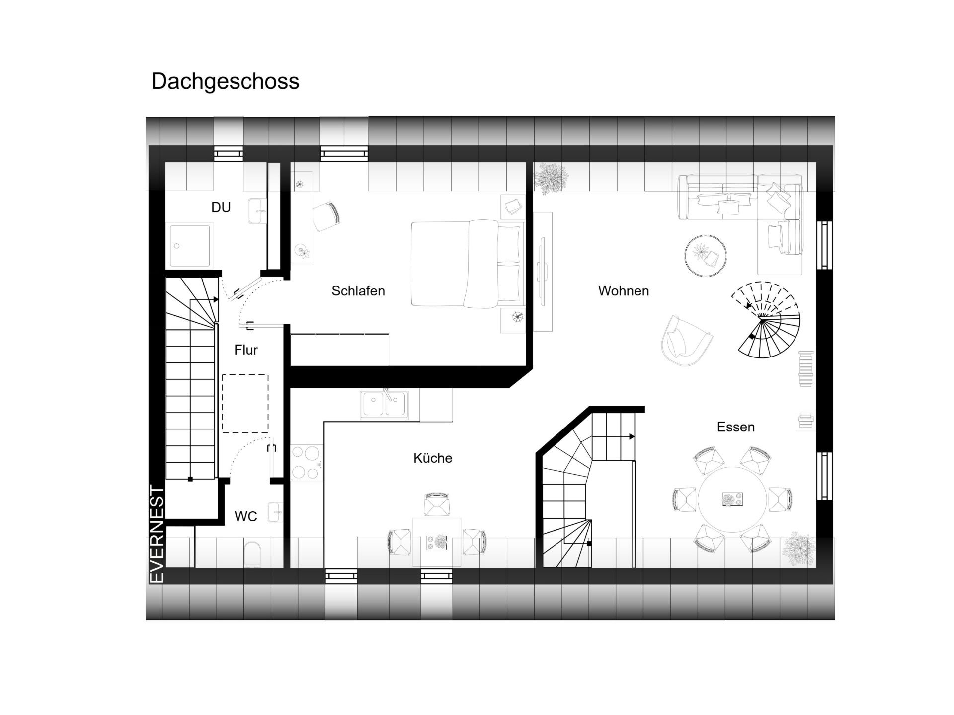 Grundriss eines Dachgeschosses mit Schlafzimmer, Küche, Wohnzimmer, Essbereich, WC und Dusche.