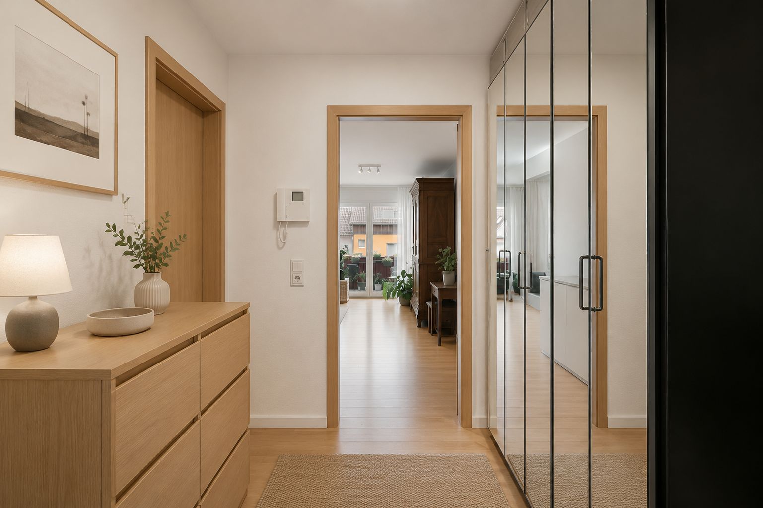 Heller Flur mit Holzkommode, Spiegel-Einbauschrank und Blick ins Wohnzimmer mit Pflanzen.