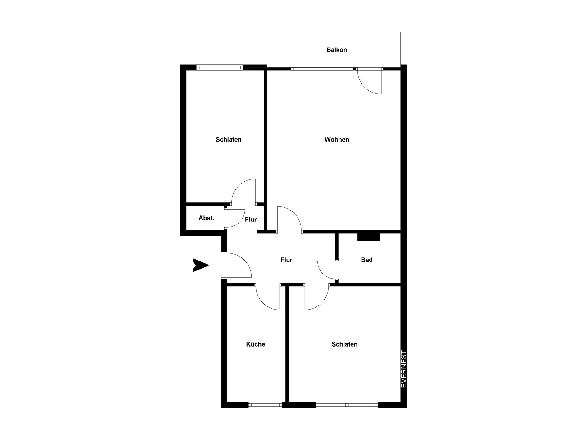 Grundriss einer Wohnung mit zwei Schlafzimmern, Wohnzimmer, Küche, Bad, Abstellraum und Balkon.