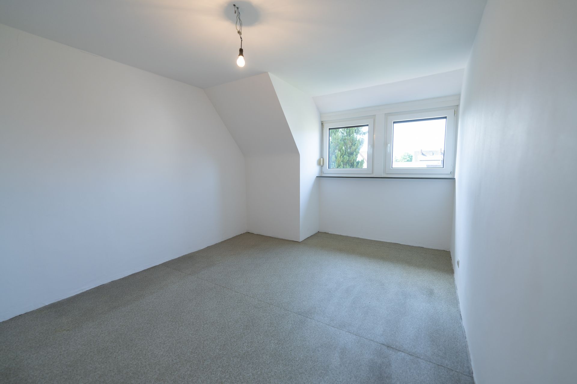 Leerer Raum mit weiß gestrichenen Wänden, Teppichboden und zwei Fenstern.