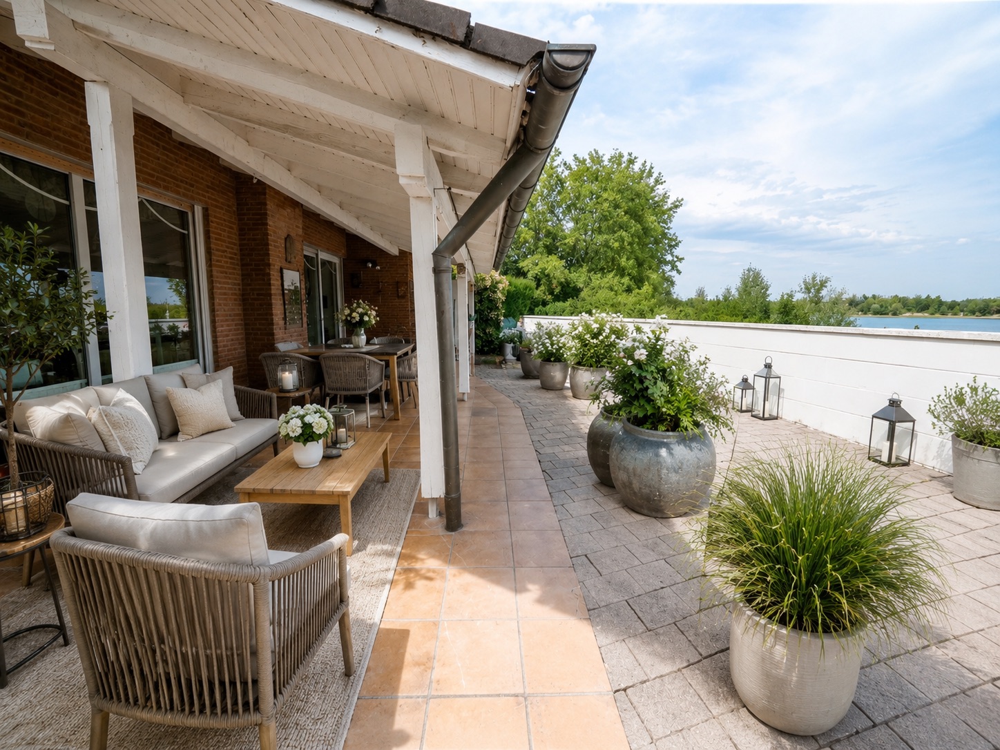 Überdachte Terrasse mit Sitzmöbeln, Holztisch und großen Pflanzkübeln mit Blick ins Grüne.