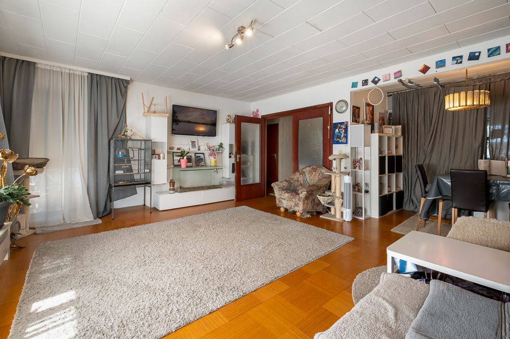 Helles Wohnzimmer mit Teppich, Regal, Sessel, Essbereich und großen Fenstern mit Vorhängen.
