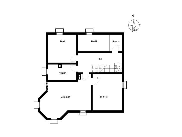 Grundriss mit zwei Zimmern, Bad, HWR, Sauna, Flur und Heizraum.