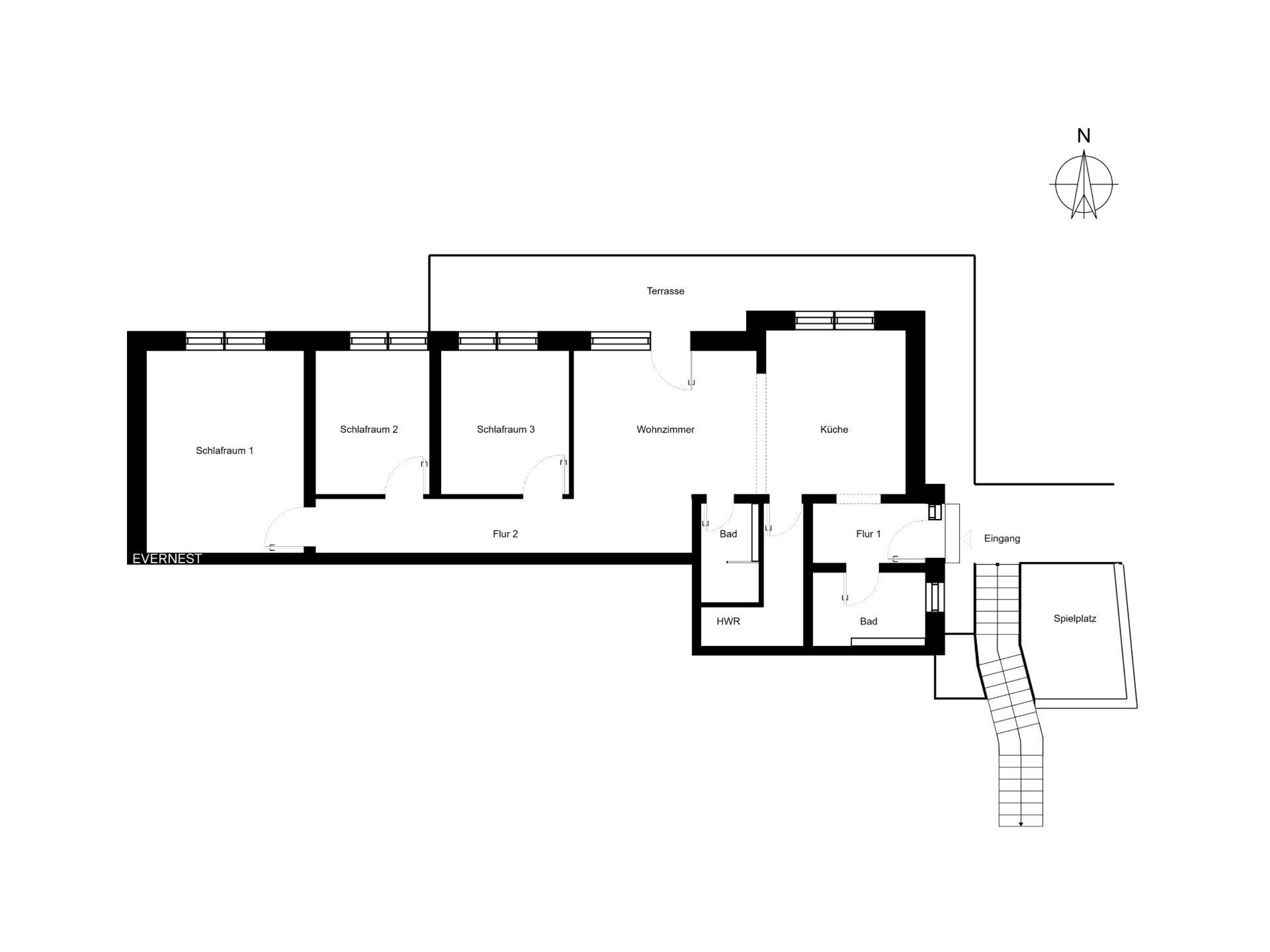 Grundriss eines Wohnhauses mit Schlafzimmern, Wohnzimmer, Küche, Bädern, Fluren und Terrasse.
