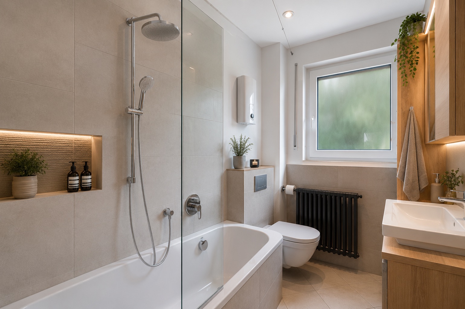 Modernes Badezimmer mit Badewanne, Dusche, Waschbecken, WC und großem Fenster.