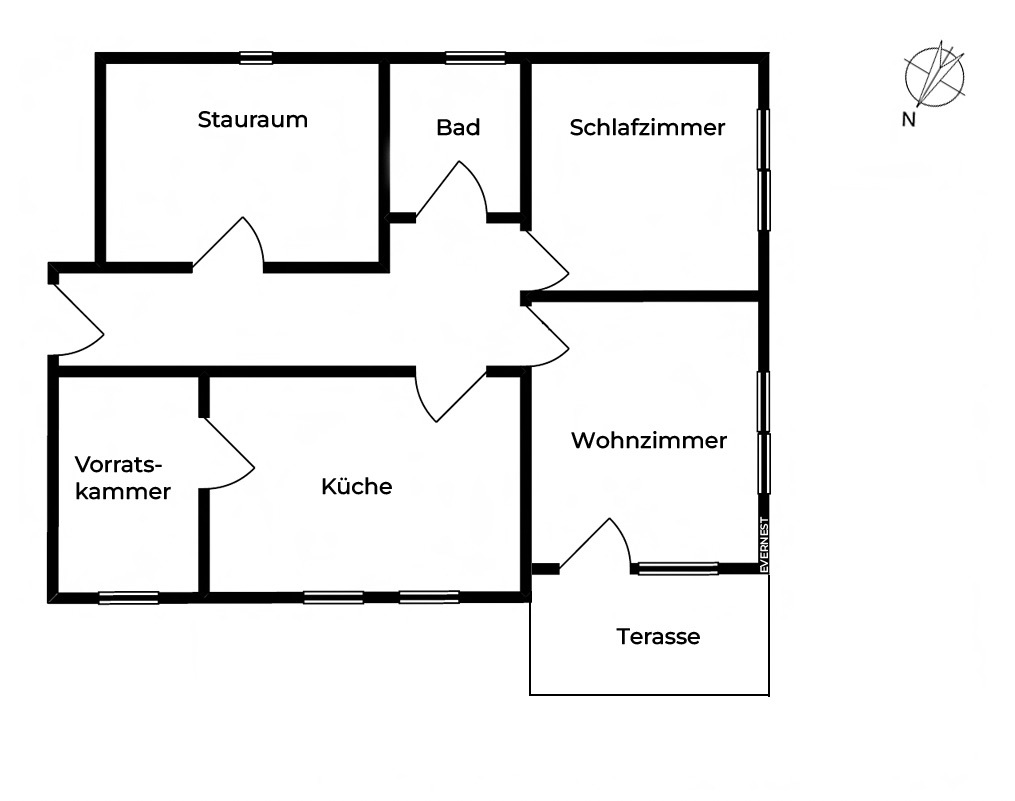 Grundriss mit Vorratskammer, Küche, Stauraum, Bad, Schlafzimmer, Wohnzimmer und Terrasse.