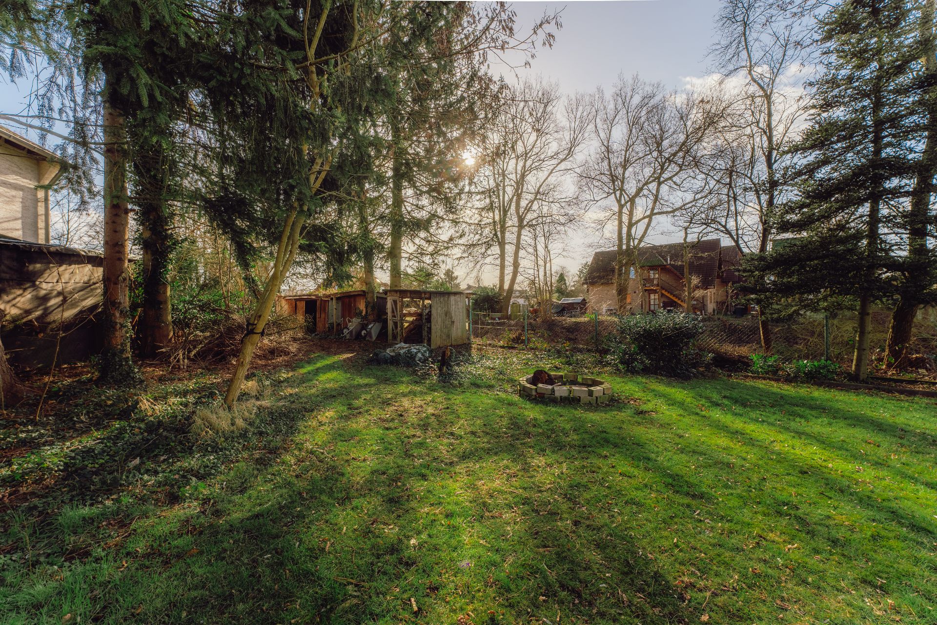 Grüner Garten mit großen Bäumen, Feuerstelle aus Steinen und Holzschuppen im Hintergrund.