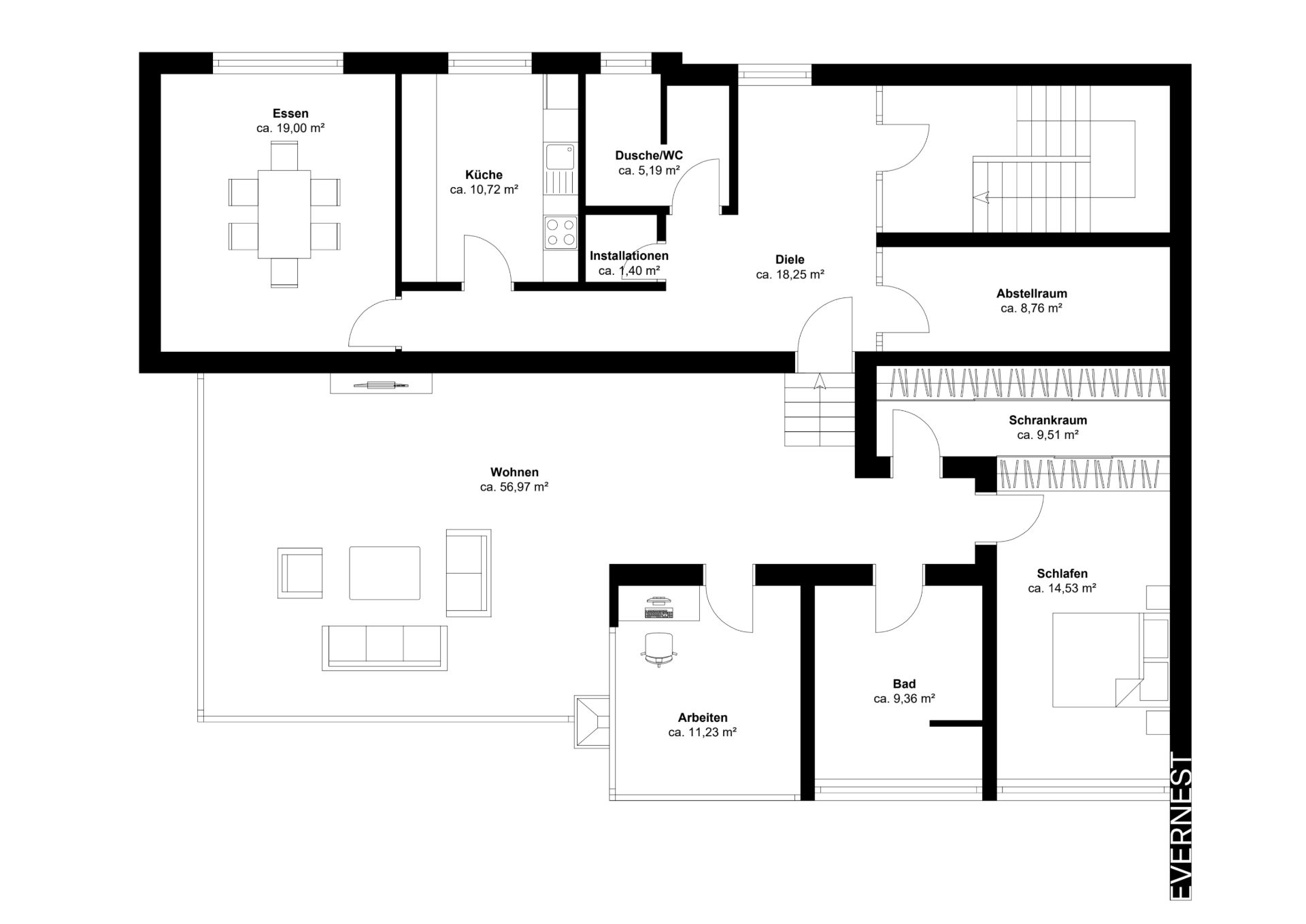 Grundriss einer Wohnung mit Wohn-, Ess-, Schlafzimmer, Küche, Bad, Arbeitszimmer und Abstellraum.