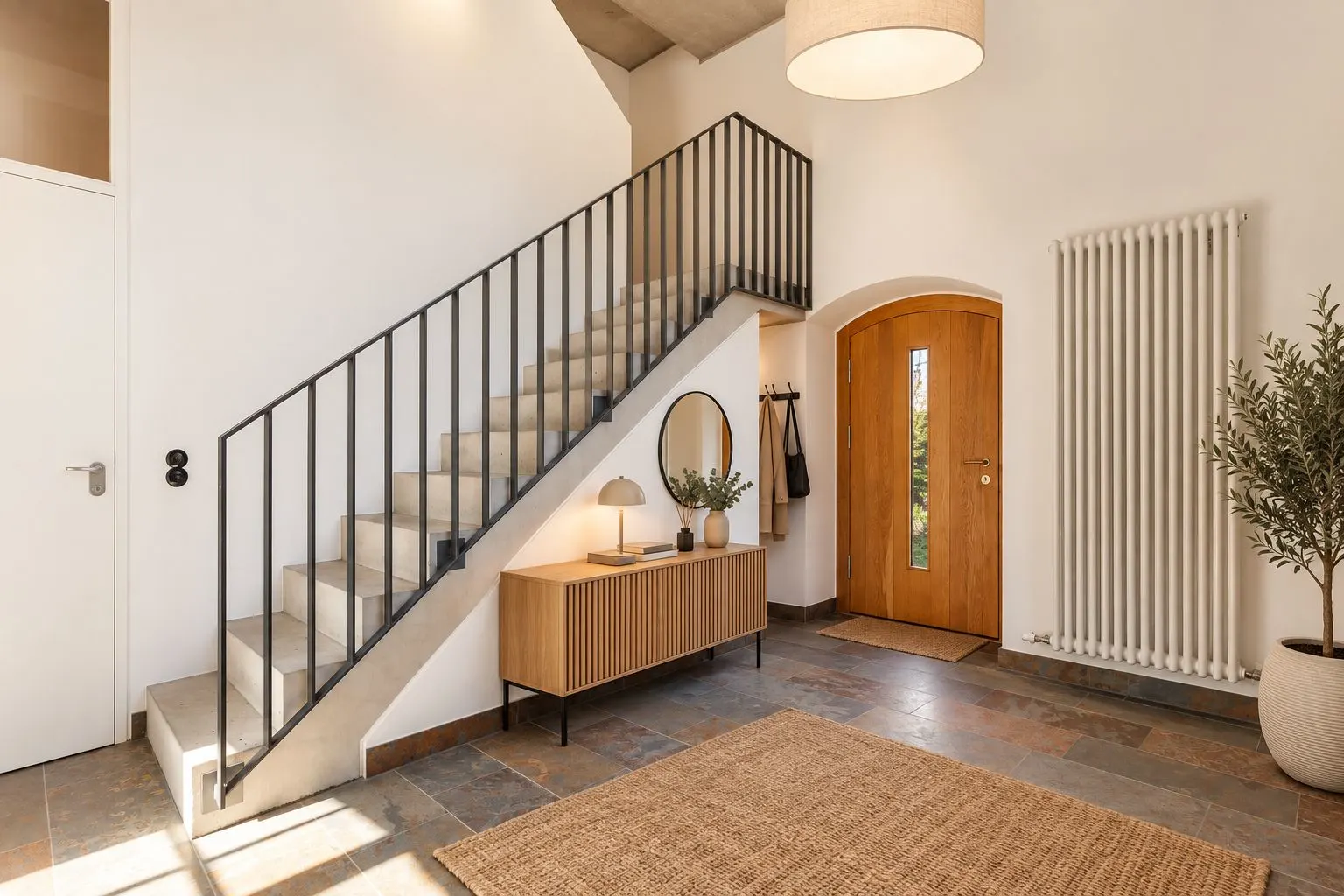 Heller Flur mit Treppe, Holztür, Kommode, Spiegel, Pflanze und Teppich.