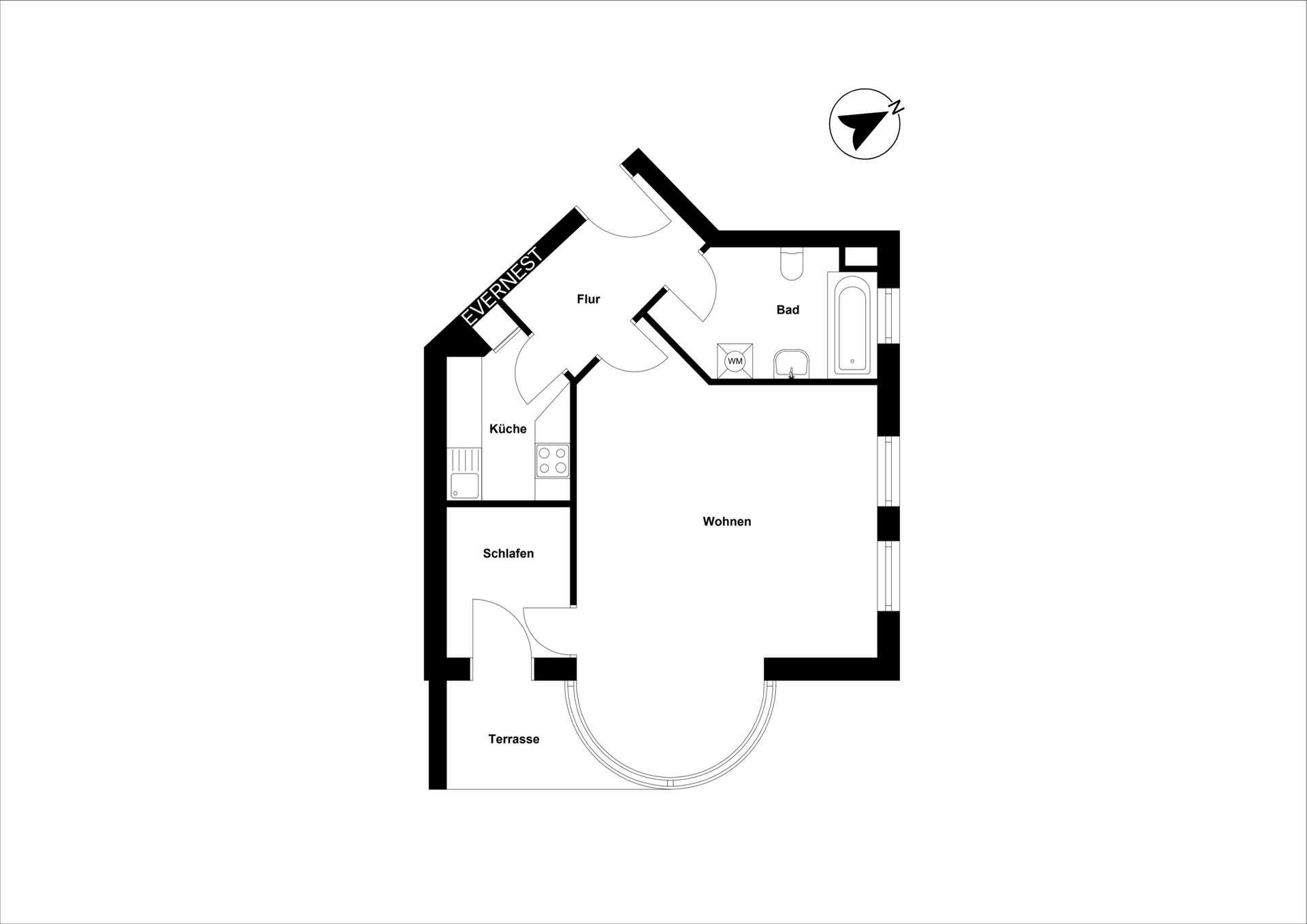 Grundriss einer Wohnung mit Schlafzimmer, Küche, Bad, Wohnzimmer und Terrasse.
