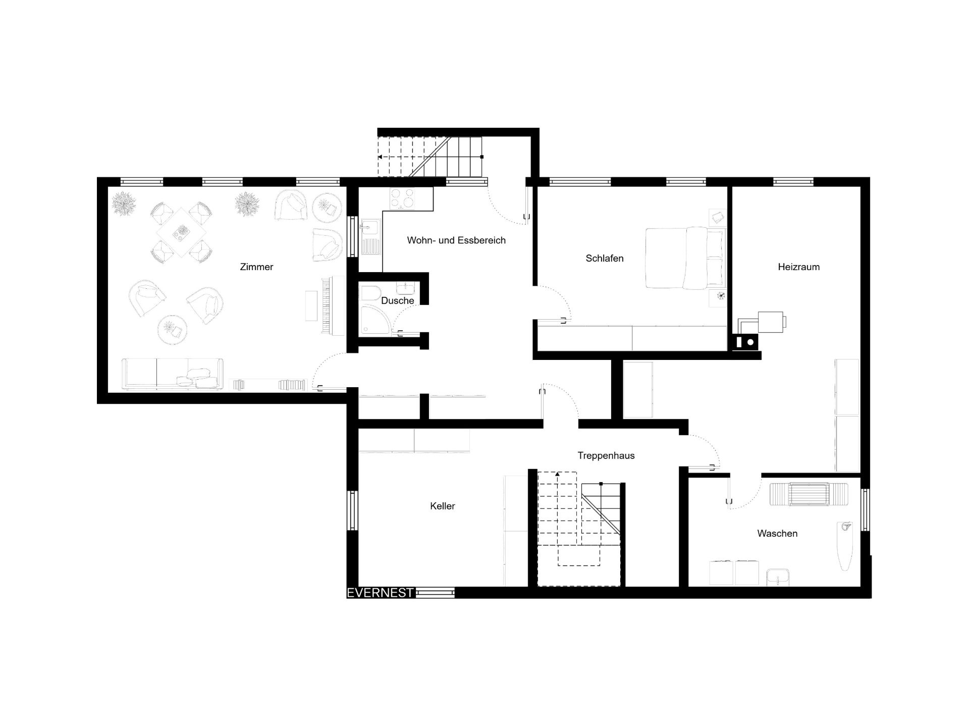 Grundriss mit Zimmer, Wohn-Essbereich, Schlafen, Keller, Waschen, Heizraum und Dusche.
