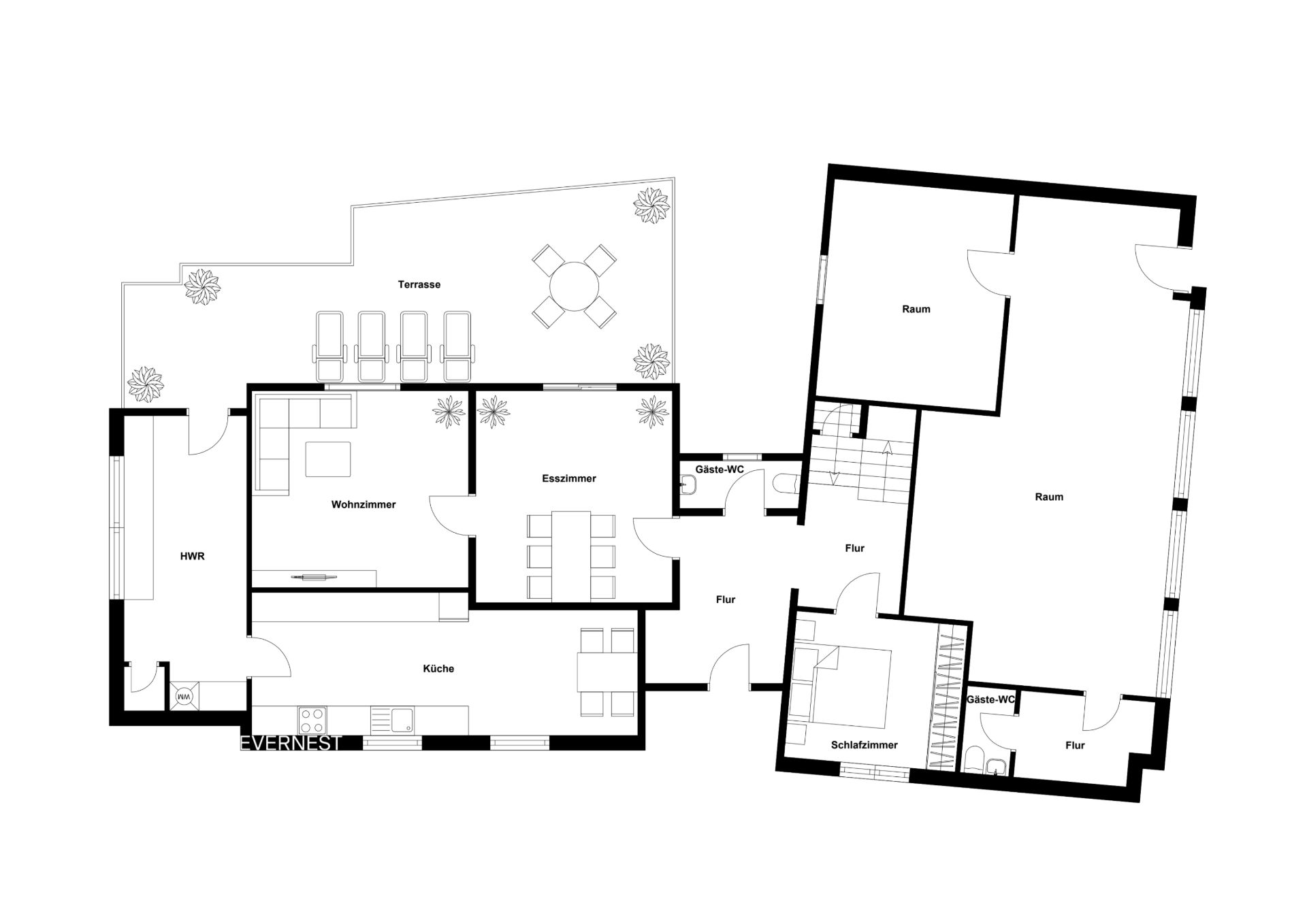 Grundriss eines Hauses mit Wohnzimmer, Küche, Esszimmer, Schlafzimmer und Terrasse.