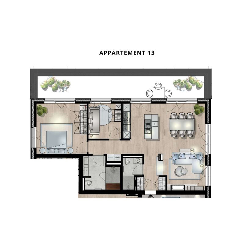 Grundriss einer Wohnung mit Schlafzimmer, Wohnzimmer, Küche, Bad und Balkon.
