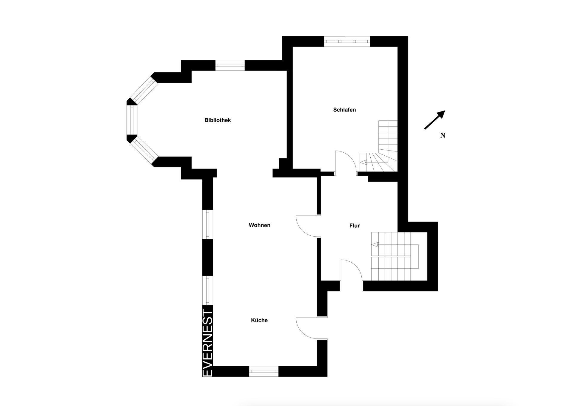 Grundriss mit Küche, Wohnen, Bibliothek, Schlafen und Flur.