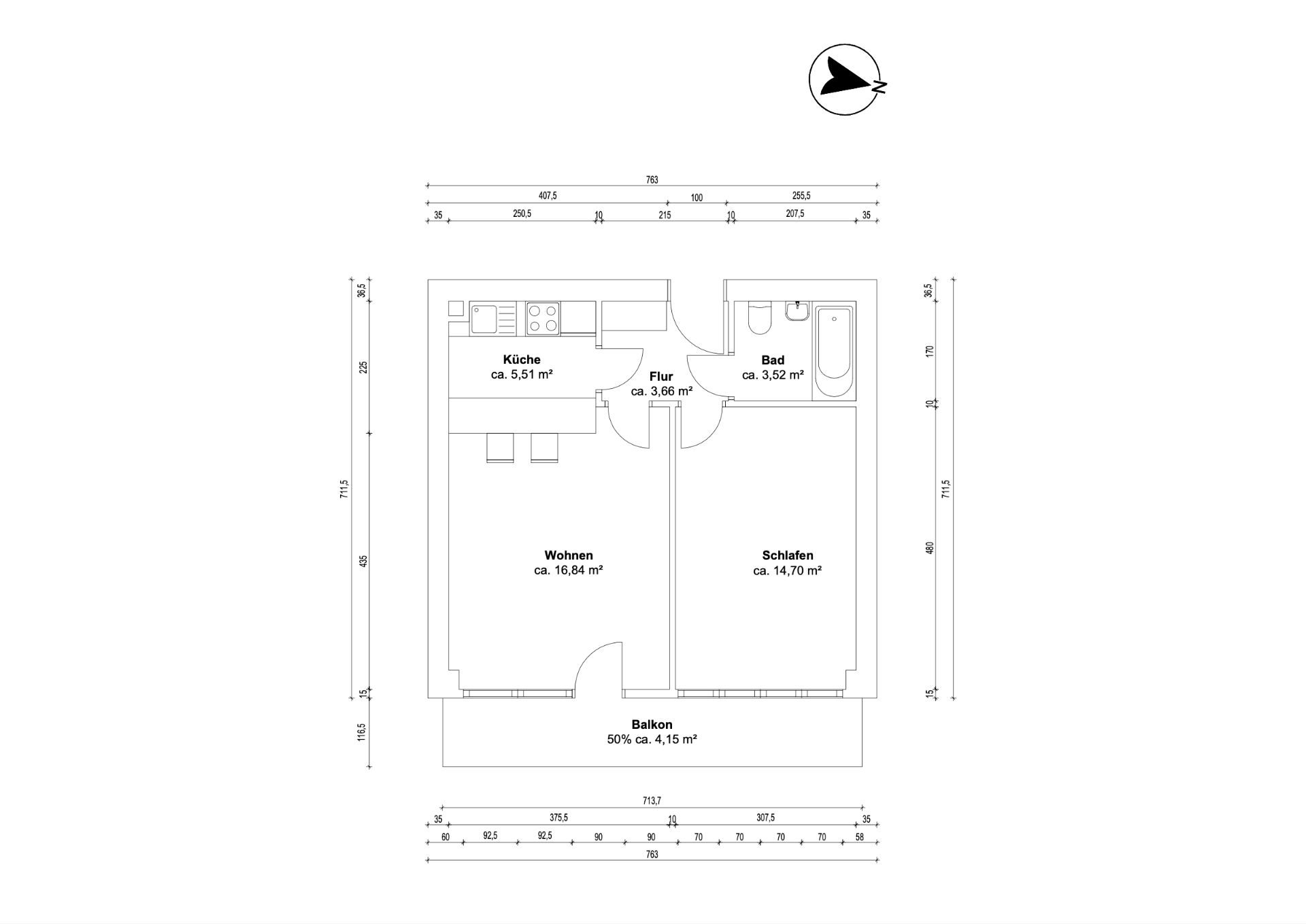 Grundriss einer Wohnung mit Wohn-, Schlaf-, Küchen-, Bad- und Flurbereich sowie Balkon.