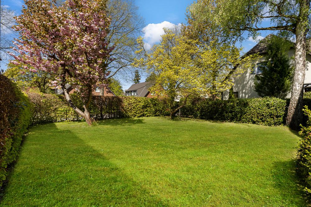 Grüner Garten mit blühenden Bäumen und Hecken, angrenzend an Wohnhäuser.