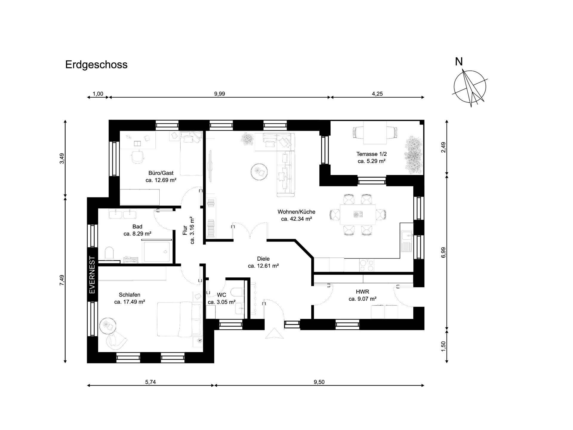 Grundriss des Erdgeschosses mit Wohnküche, Schlafzimmer, Bad, WC, Büro und Terrasse.