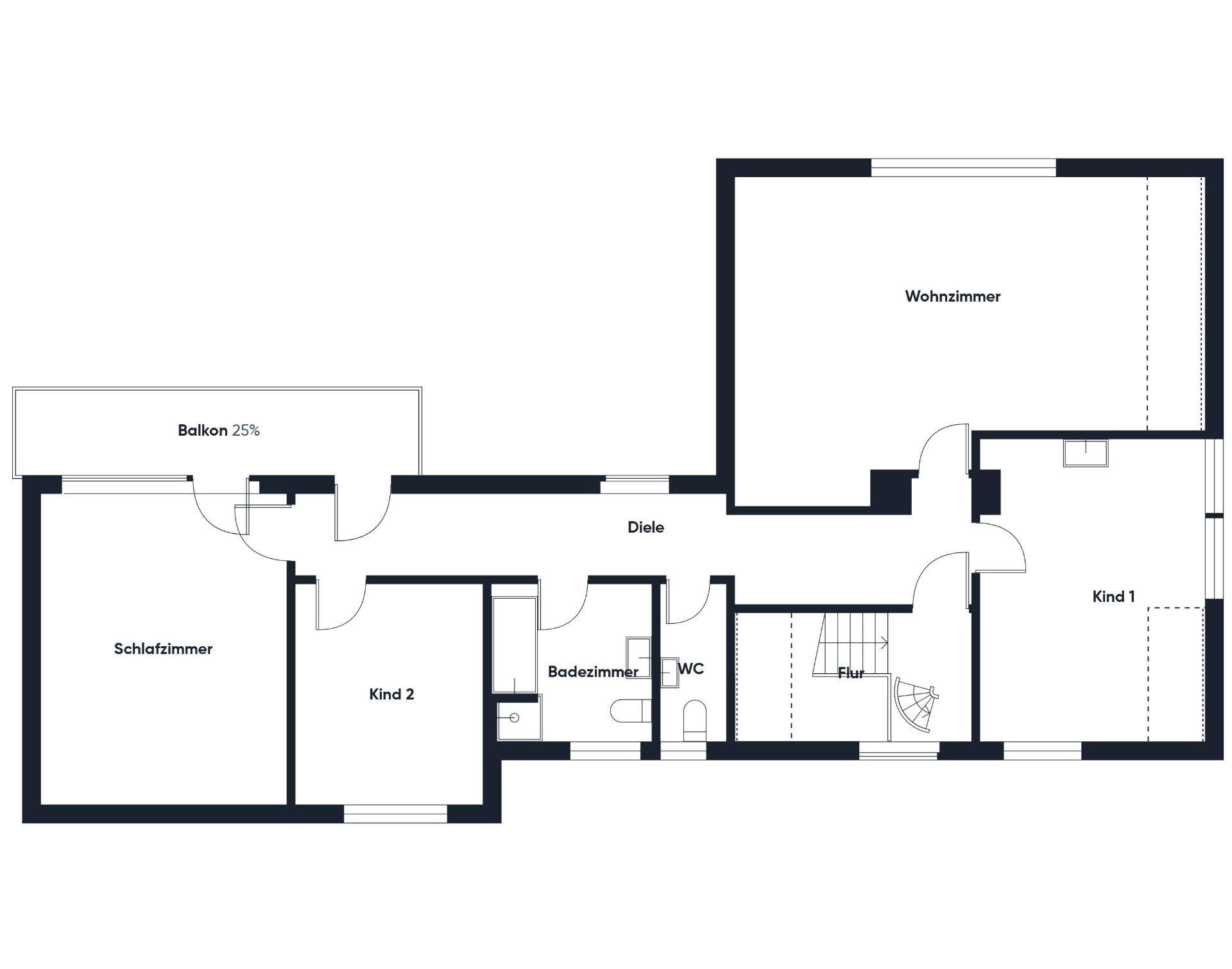 Grundriss mit Wohnzimmer, Schlafzimmer, zwei Kinderzimmern, Bad, WC, Diele, Flur und Balkon.