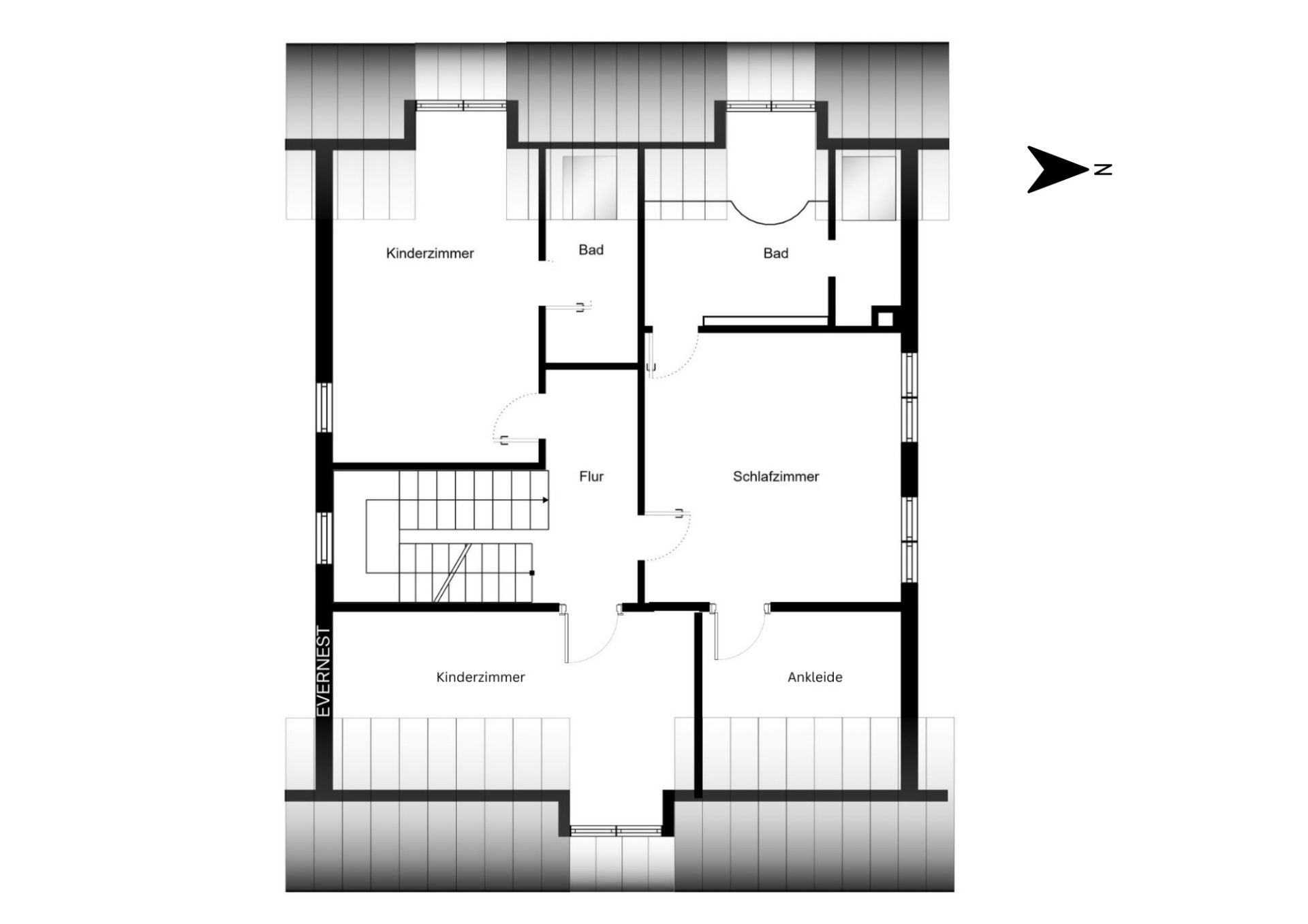 Grundriss mit zwei Kinderzimmern, einem Schlafzimmer, zwei Bädern, Flur und Ankleide.