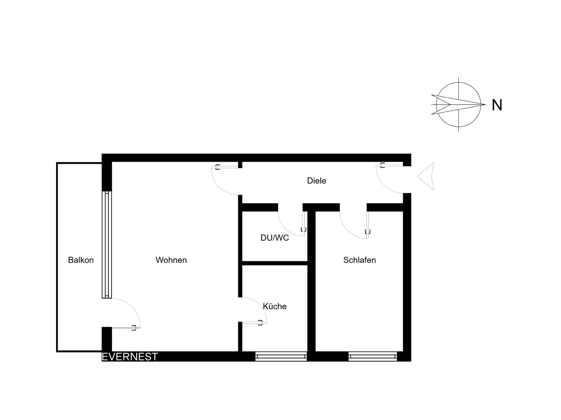 Grundriss einer Wohnung mit Balkon, Wohnzimmer, Schlafzimmer, Küche, Bad und Diele.