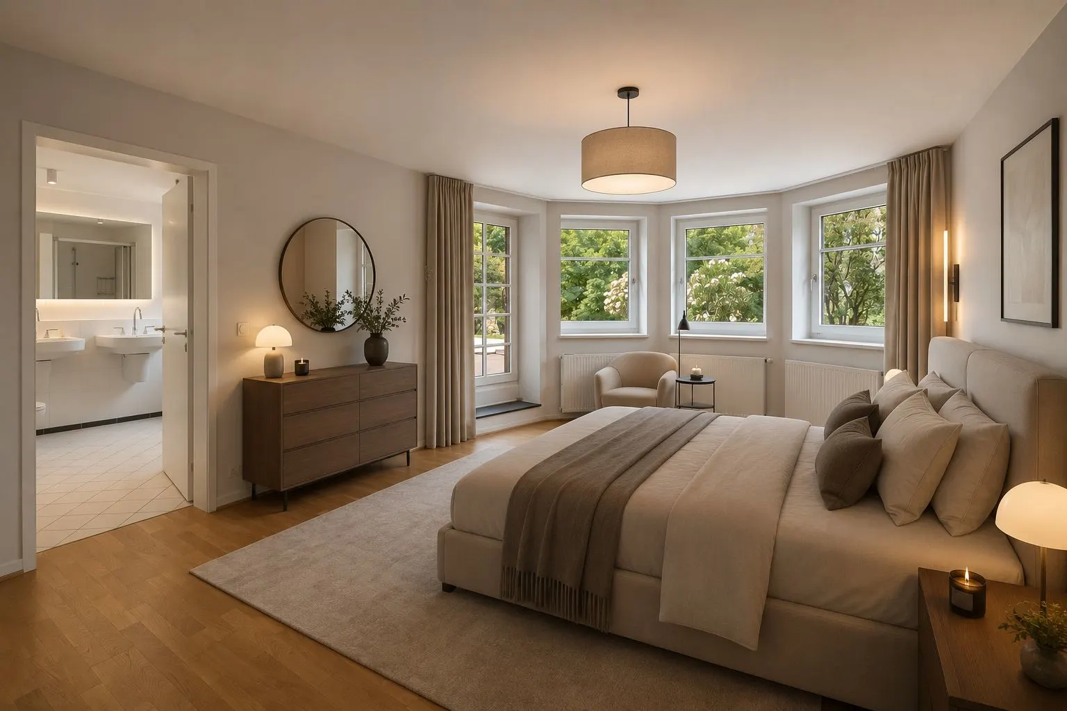 Helles Schlafzimmer mit Doppelbett, Nachttischen, Kommode, Sessel und Zugang zu einem Badezimmer.