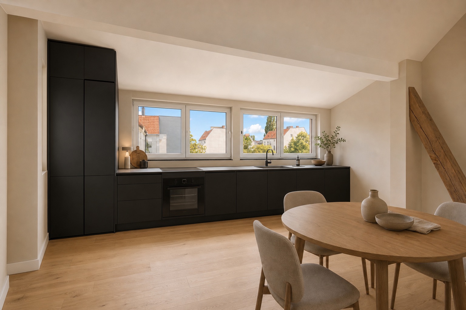 Moderne Küche mit schwarzen Schränken, Esstisch und vier Stühlen, große Fenster und Holzboden.