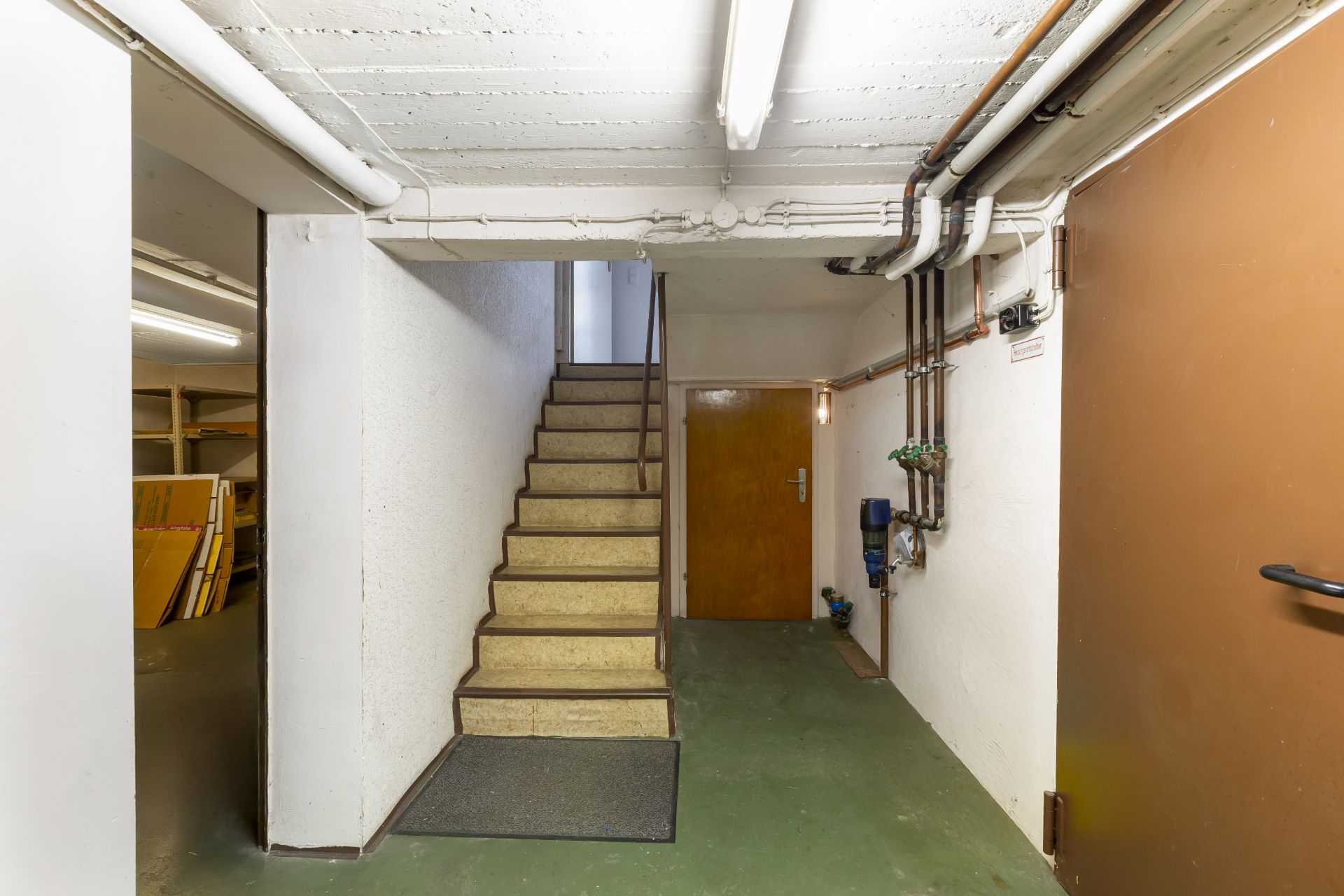 Kellertreppe mit Tür, weißen Wänden und sichtbaren Rohren an der Decke.