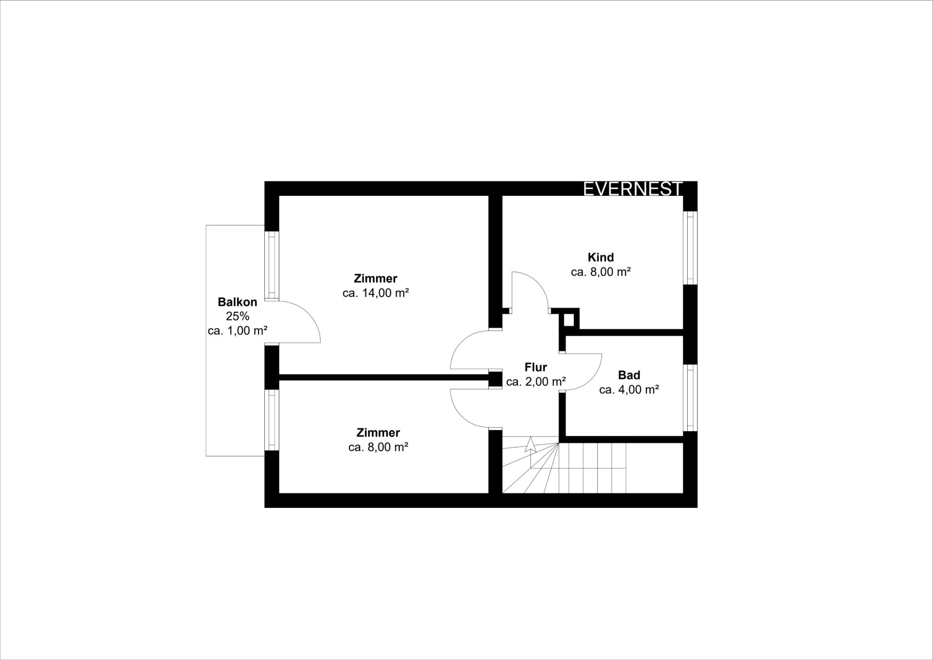 Grundriss mit zwei Zimmern, Kinderzimmer, Bad, Flur und Balkon.