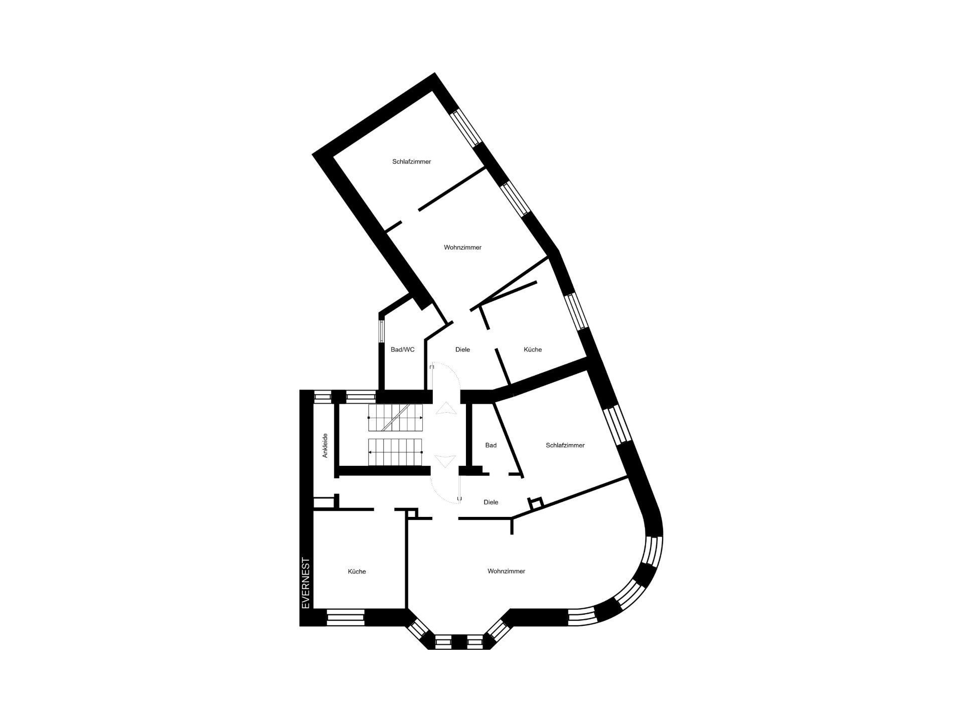 Grundriss einer Wohnung mit Schlafzimmern, Wohnzimmern, Küchen und Bädern.