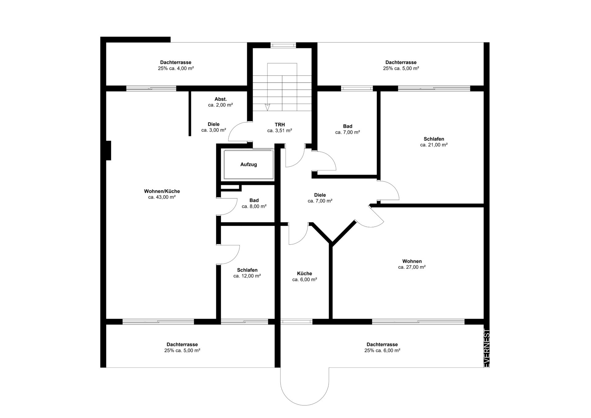 Grundriss einer Wohnung mit Wohnküche, zwei Schlafzimmern, zwei Bädern, Küche, Wohnzimmer und Dachterrassen.