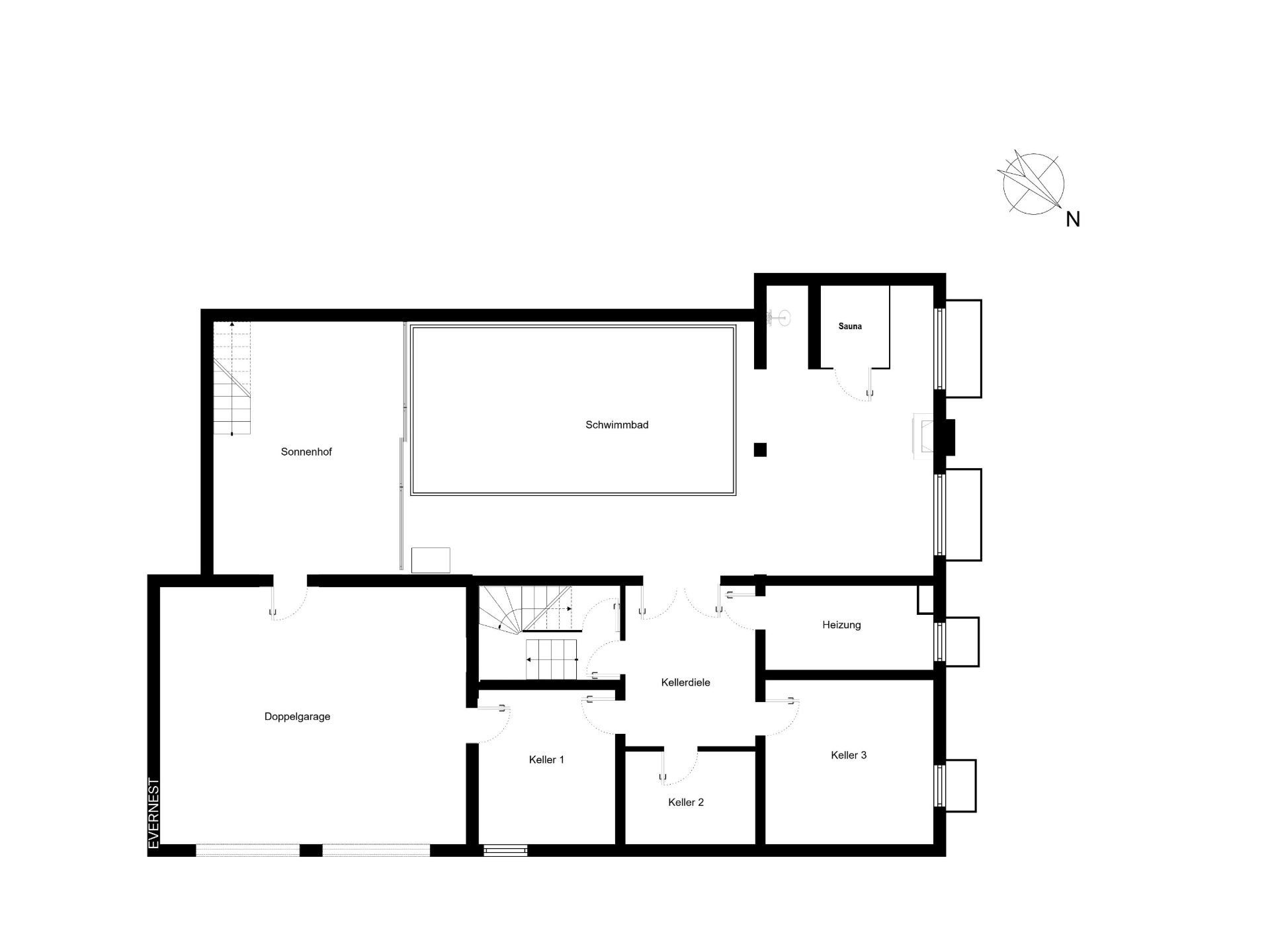 Grundriss mit Doppelgarage, Schwimmbad, Sauna, Heizungsraum und mehreren Kellerräumen.
