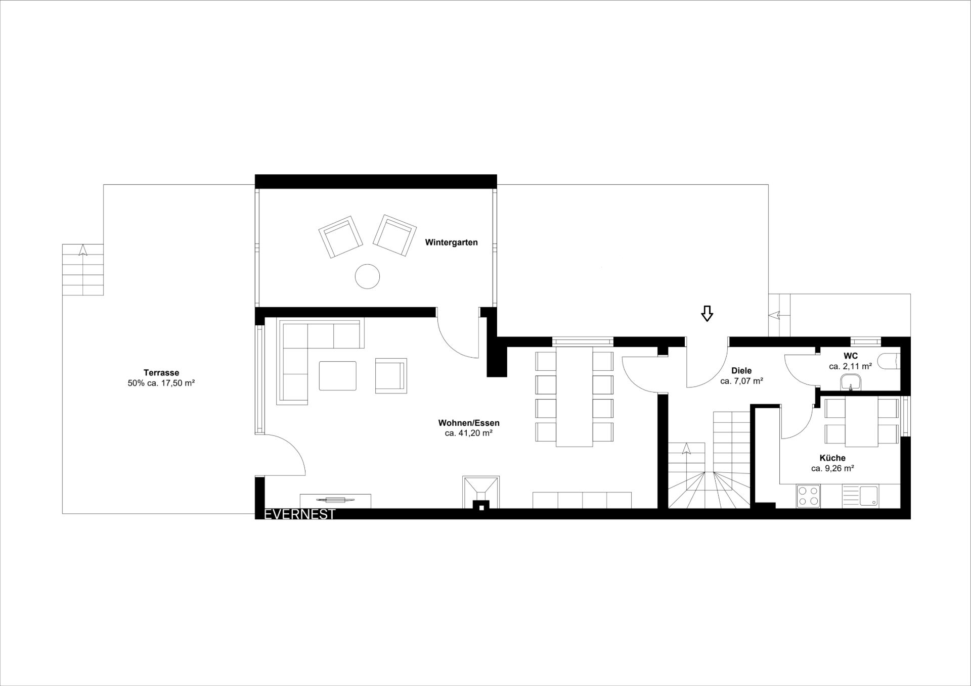 Grundriss eines Wohnbereichs mit Küche, Wintergarten, Terrasse, WC und Flur.