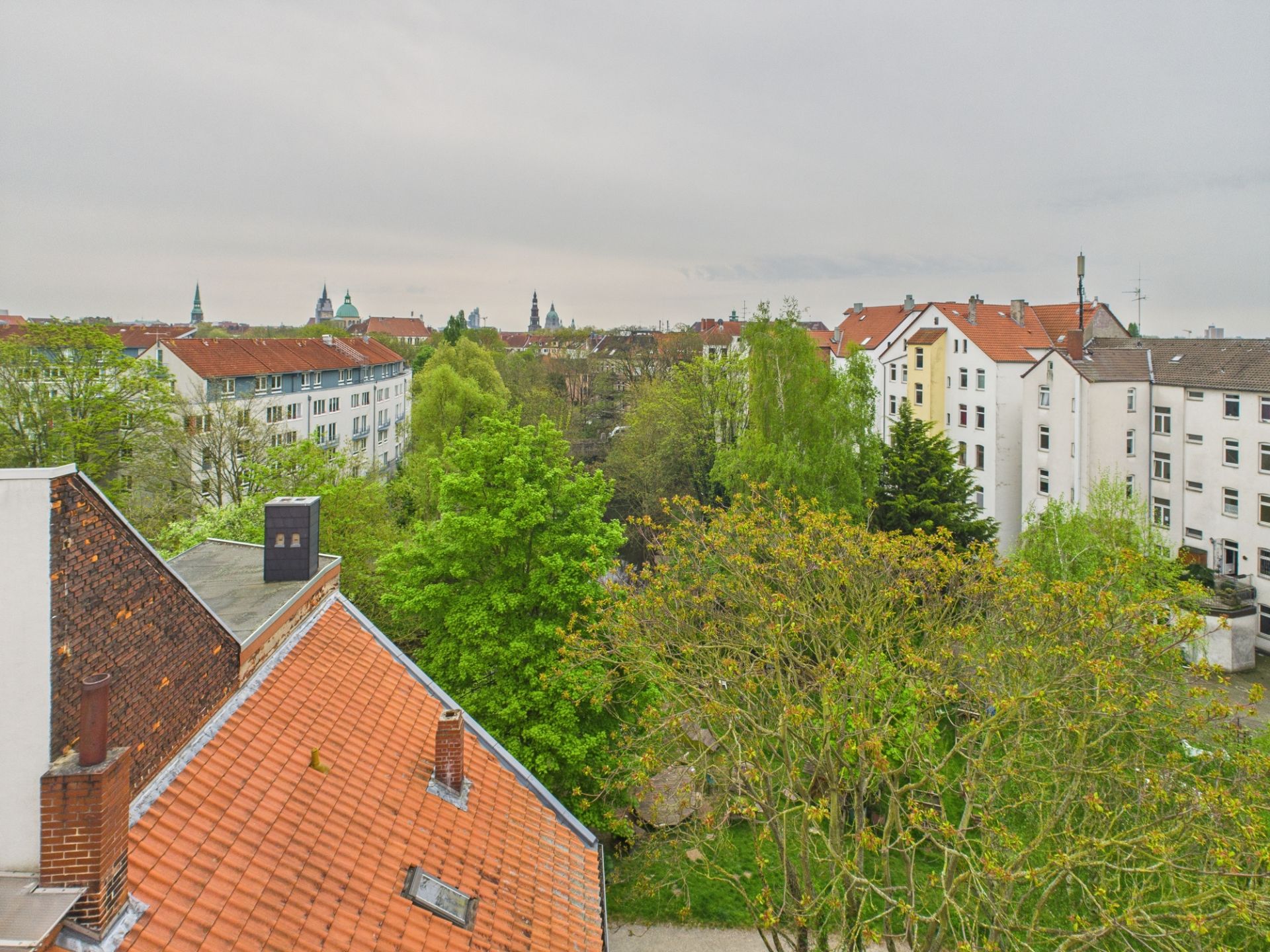 Blick auf Wohnhäuser mit roten Dächern und viele grüne Bäume im Vordergrund.