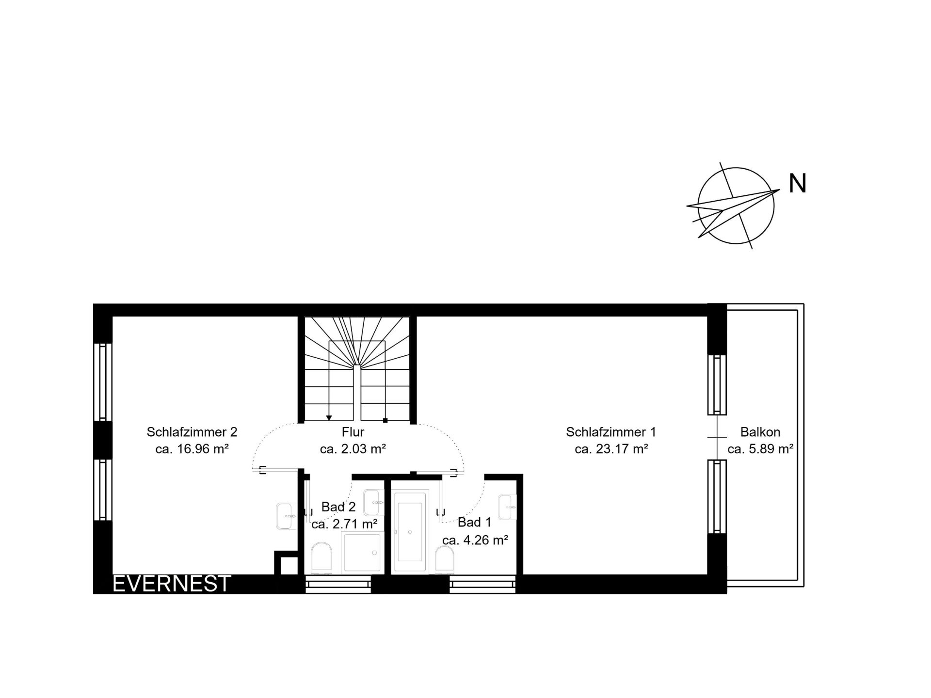 Grundriss mit zwei Schlafzimmern, zwei Bädern, Flur und Balkon.