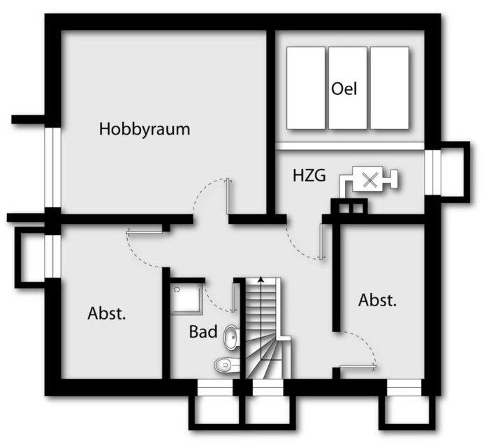 Grundriss mit Hobbyraum, zwei Abstellräumen, Bad, Heizungsraum und Öltank.