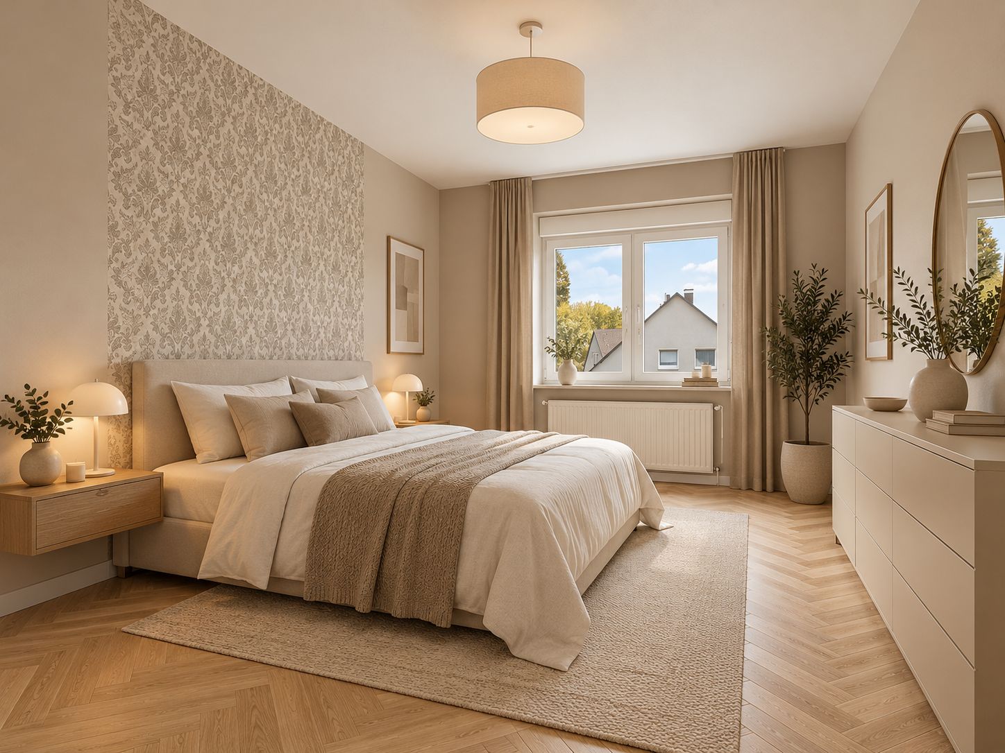 Modernes Schlafzimmer mit Doppelbett, großen Fenstern, Teppich und Pflanzen.
