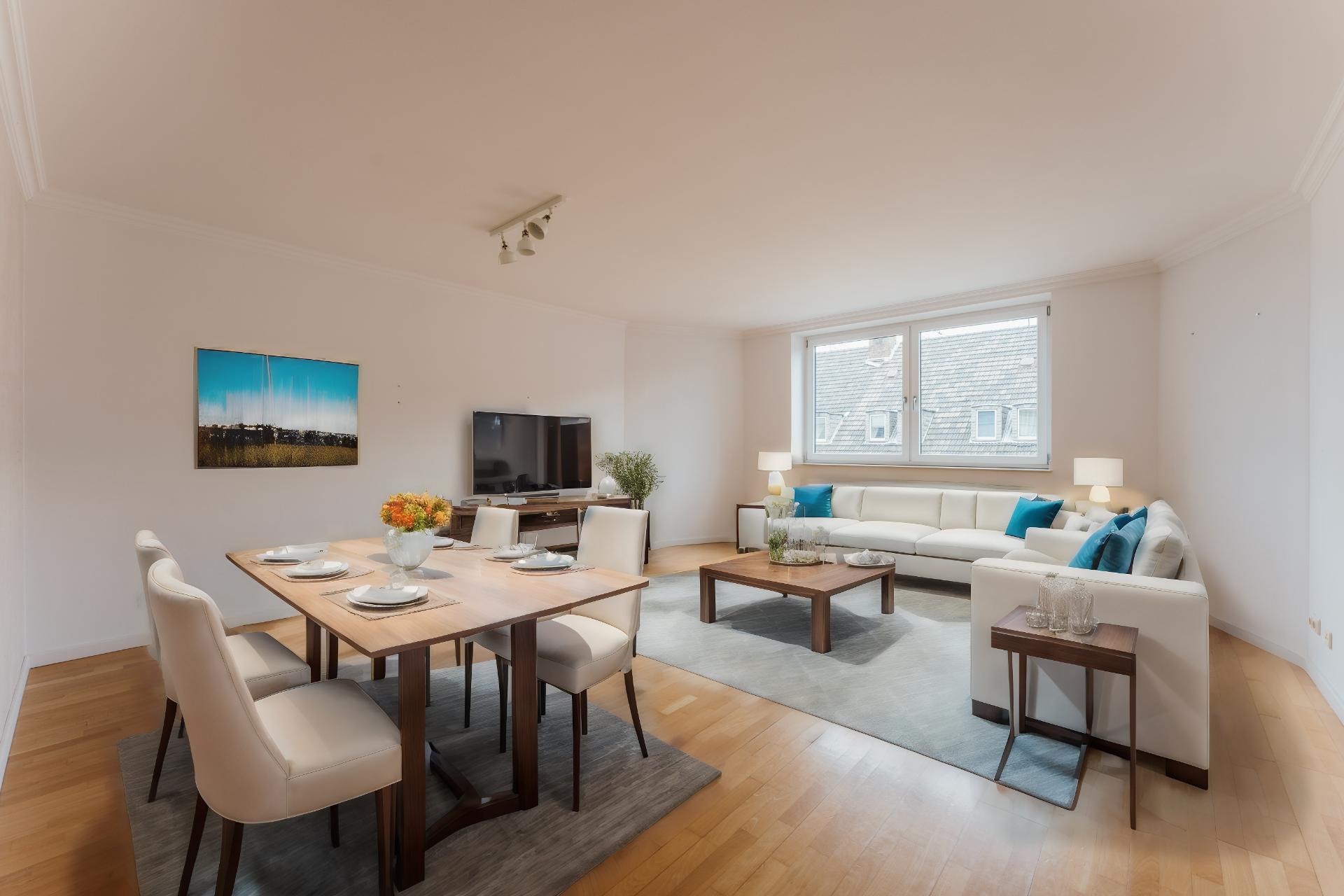 Helles Wohnzimmer mit großem weißen Sofa, Esstisch, TV und zwei Fenstern.