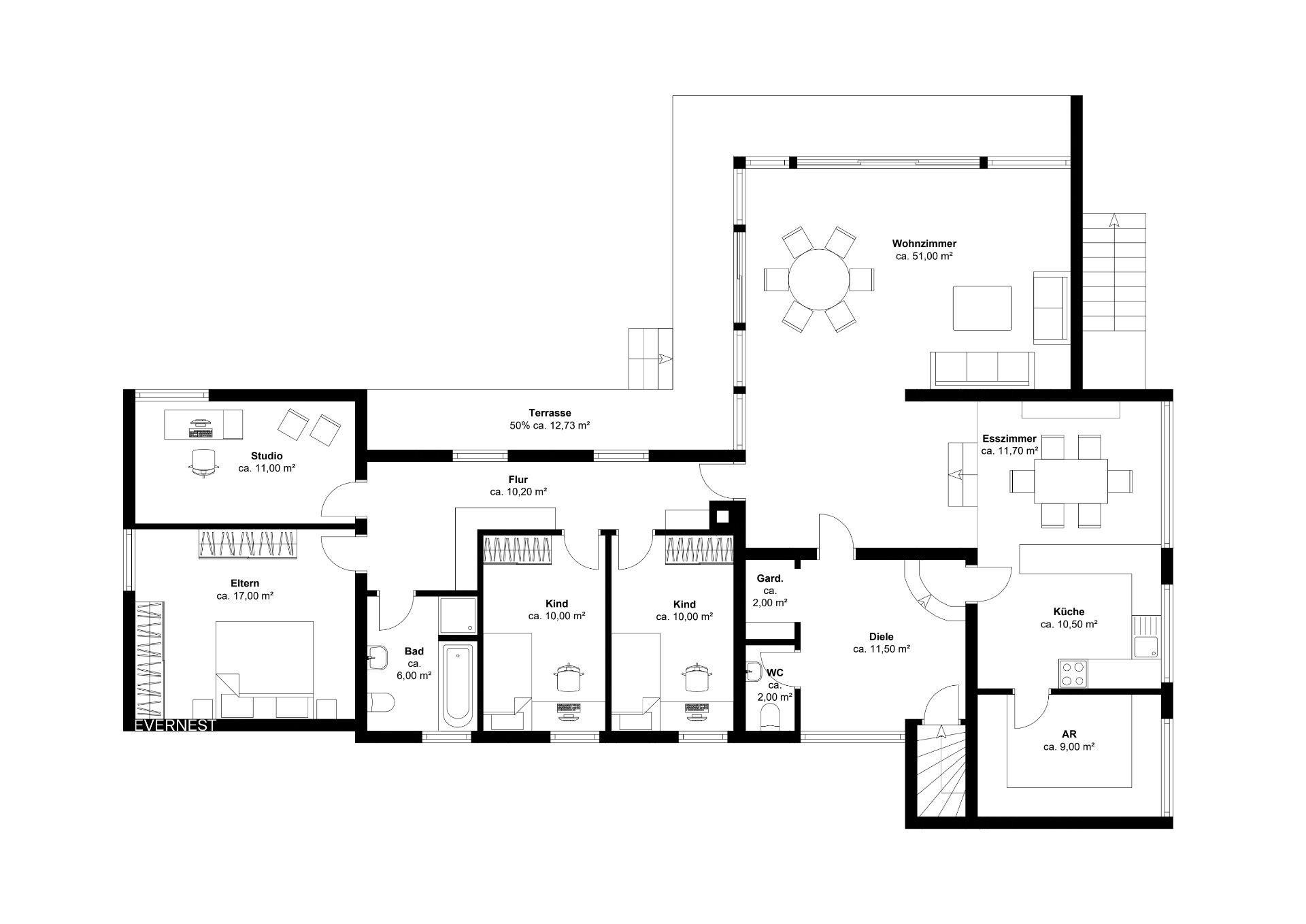 Grundriss einer Wohnung mit Wohnzimmer, Küche, Schlafzimmern, Bad, Studio und Terrasse.
