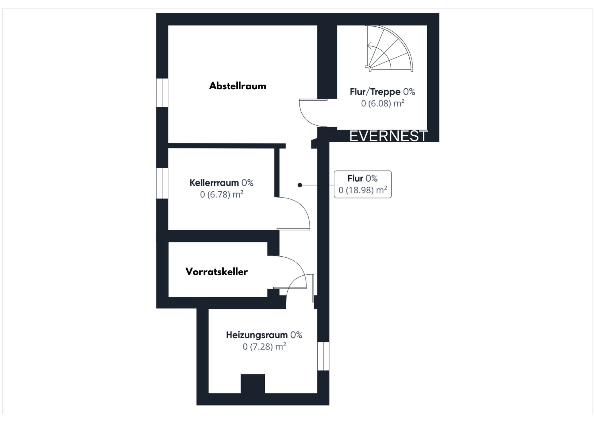 Grundriss eines Kellers mit Abstellraum, Heizungsraum, Vorratskeller und Flur.