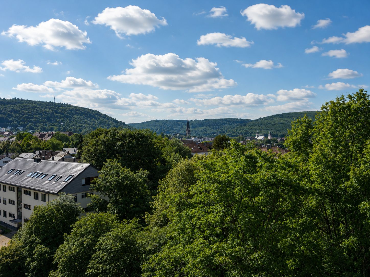 Blick auf grüne Bäume, Wohngebäude und Hügel unter blauem Himmel mit Wolken.