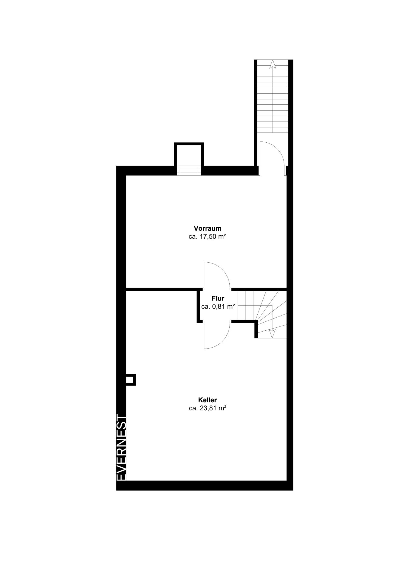 Grundriss eines Kellers mit Vorraum, Flur und Kellerraum, Flächenangaben in Quadratmetern.